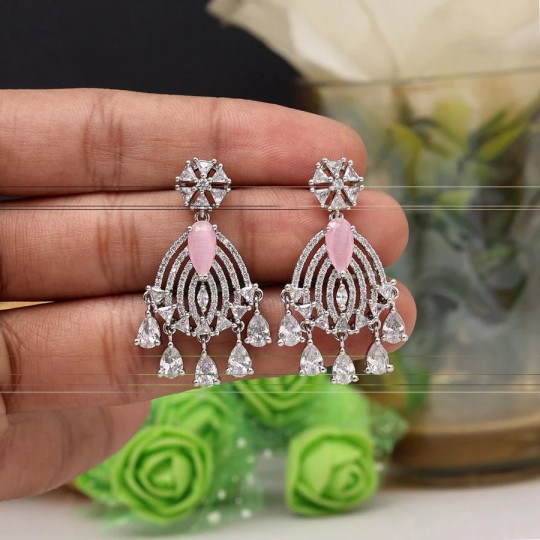 Pink Color American Diamond Earrings