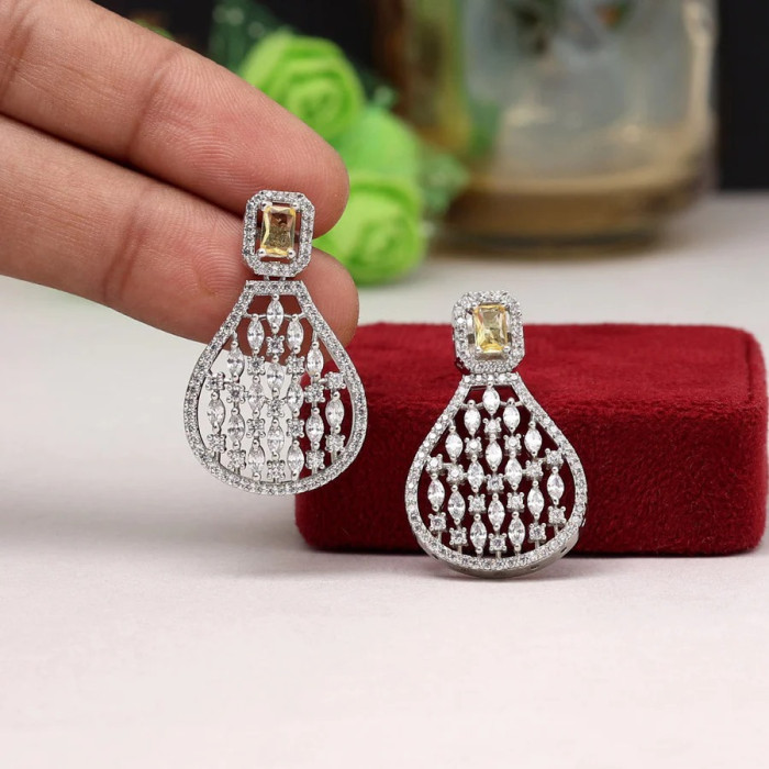 Yellow Color American Diamond Earrings