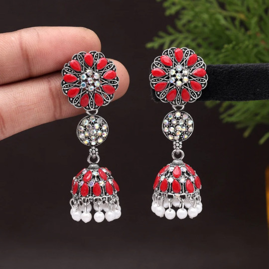 Red Color Oxidised Earrings