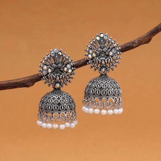 Silver Color Goddess Laxmi Temple Oxidised Earrings