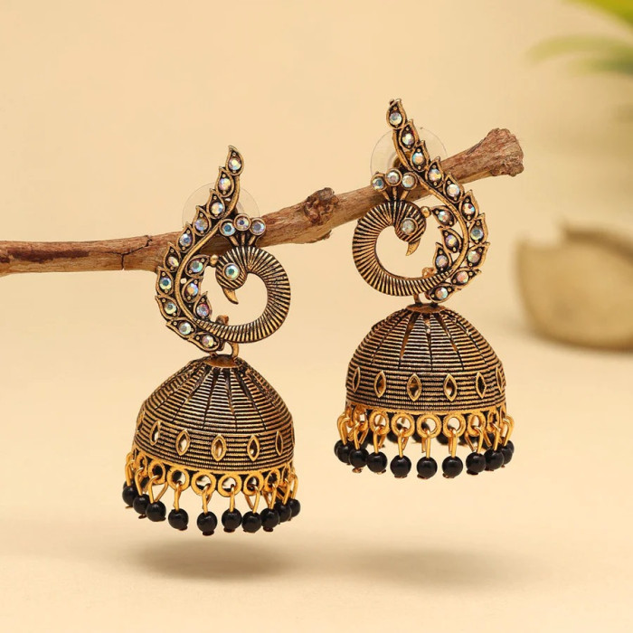 Black Color Peacock Inspired Mint Meena Earrings