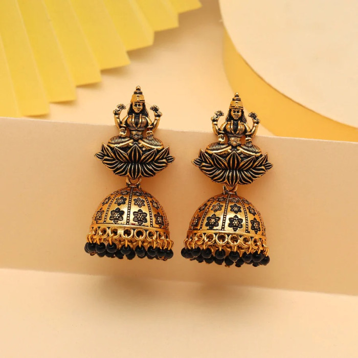 Black Color Goddess Lakshmi Oxidised Mint Meena Earrings