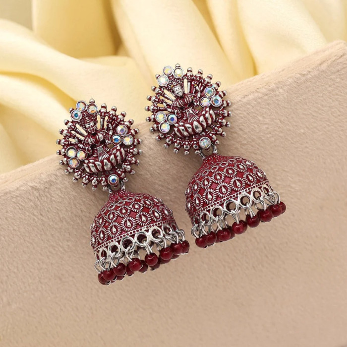 Maroon Color Goddess Lakshmi Mint Meena Earrings