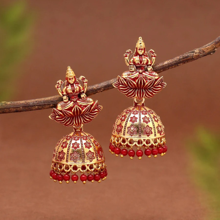 Red Color Goddess Lakshmi Oxidised Mint Meena Earrings