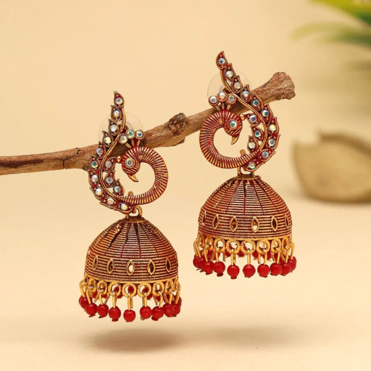 Red Color Peacock Inspired Mint Meena Earrings