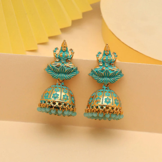 Rama Green Color Goddess Lakshmi Oxidised Mint Meena Earrings