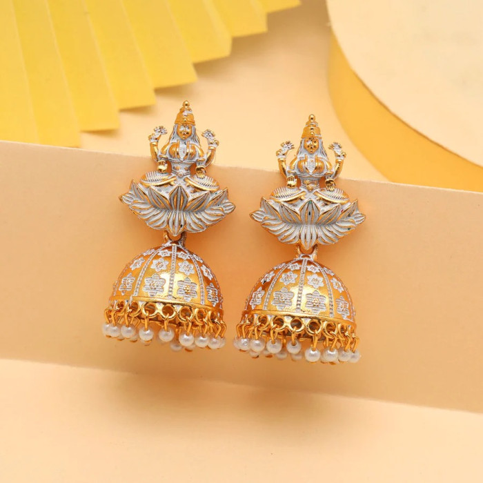 White Color Goddess Lakshmi Oxidised Mint Meena Earrings