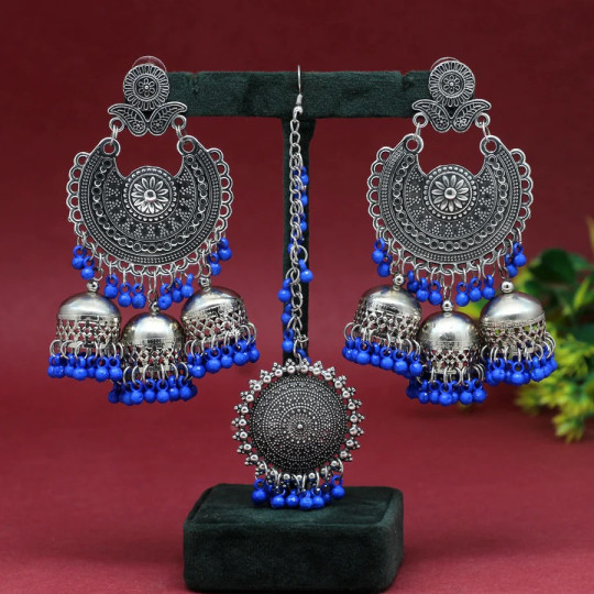 Blue Color Oxidised Earrings Tikka Set