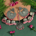 Baby Pink Color Oxidised Earrings Tikka Set