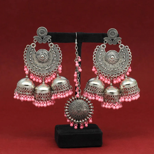 Baby Pink Color Oxidised Earrings Tikka Set