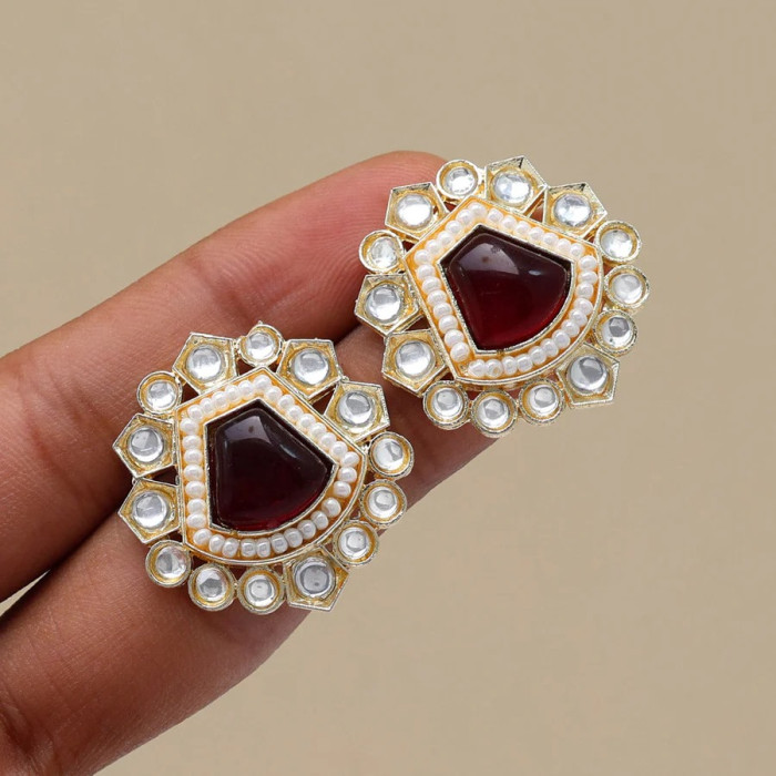 Maroon Color Kundan Stud Earrings