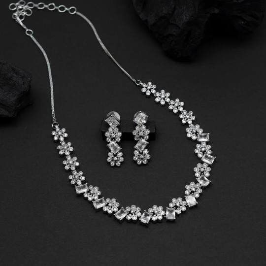 Silver Color American Diamond Necklace Set