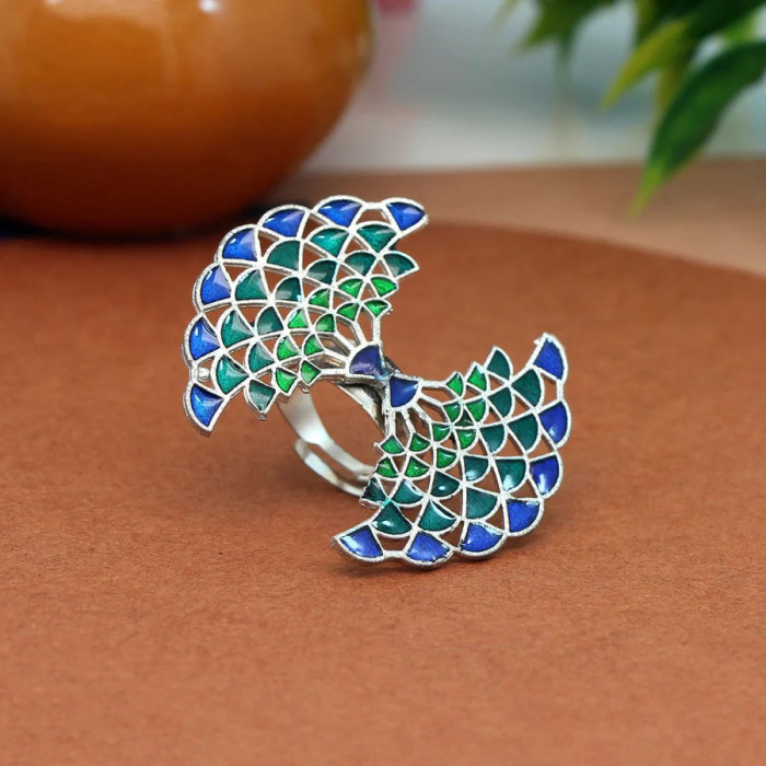 Blue & Green Color Meenakari Work Oxidised Ring